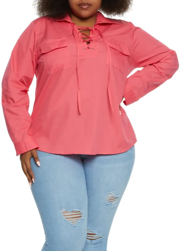 Plus Size Lace Up Collar Tabbed Shirt sold by Rainbow