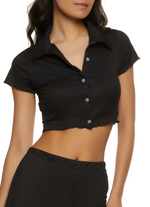 Ribbed Button Front Lettuce Trim Crop Top sold by Rainbow