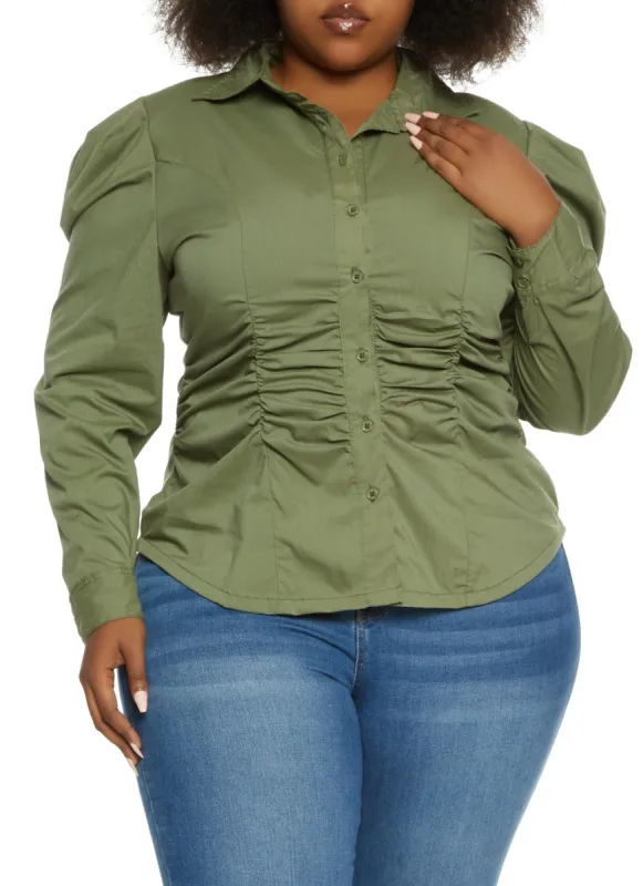 Plus Size Puff Sleeve Ruched Button Down Shirt sold by Rainbow