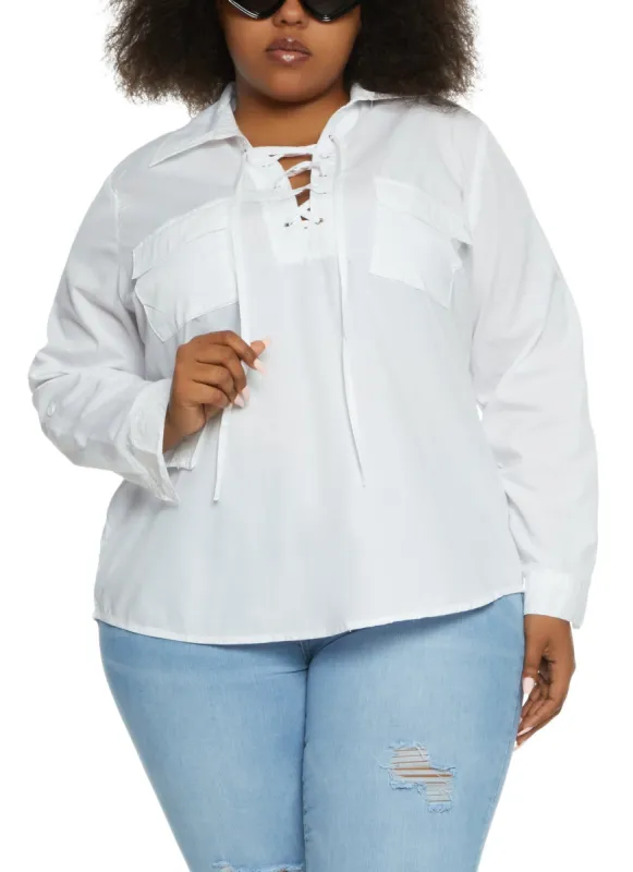 Plus Size Lace Up Collar Tabbed Shirt sold by Rainbow
