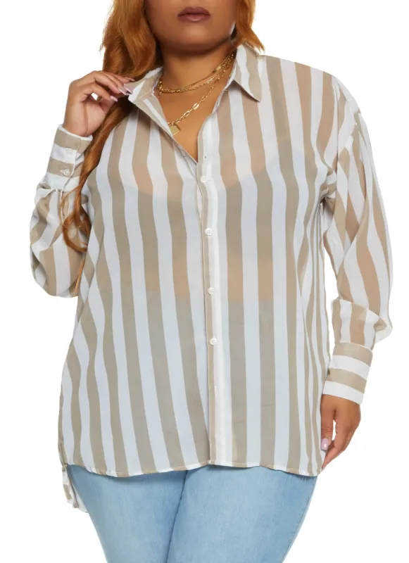 Plus Size Striped Long Sleeve Shirt sold by Rainbow
