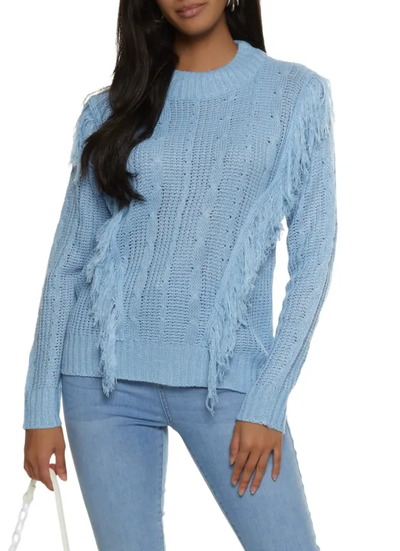 Mock Neck Fringe Cable Knit Sweater sold by Rainbow
