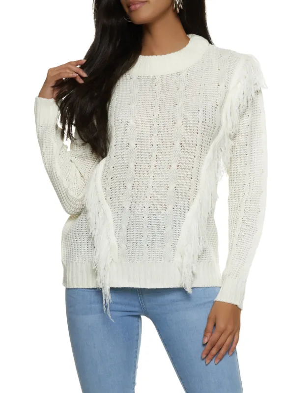 Mock Neck Fringe Cable Knit Sweater sold by Rainbow