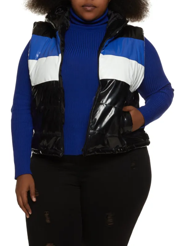 Plus Size Color Block Faux Patent Leather Puffer Vest sold by Rainbow
