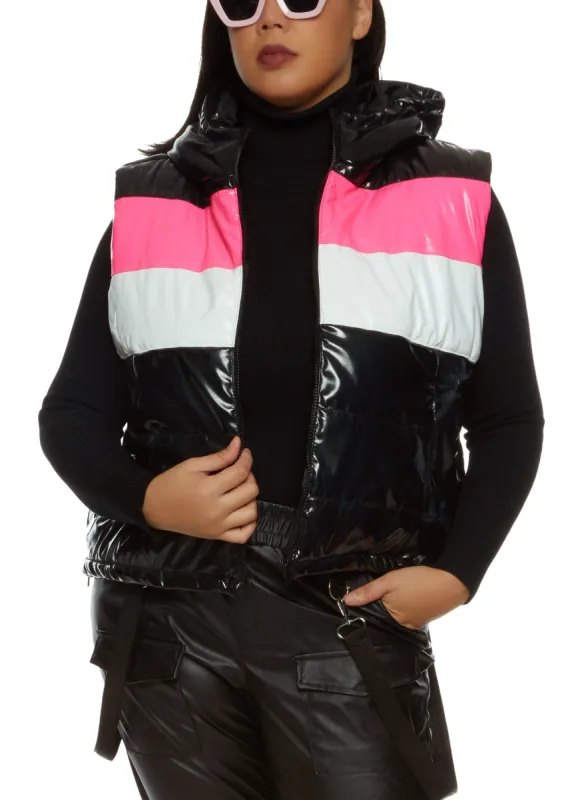 Plus Size Color Block Faux Patent Leather Puffer Vest sold by Rainbow