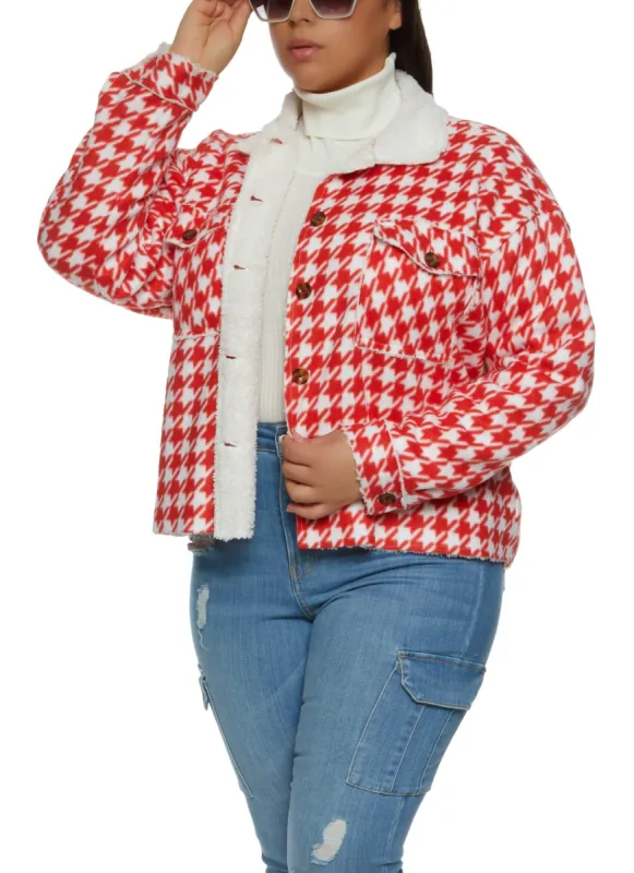 Plus Size Houndstooth Print Sherpa Lined Jacket sold by Rainbow