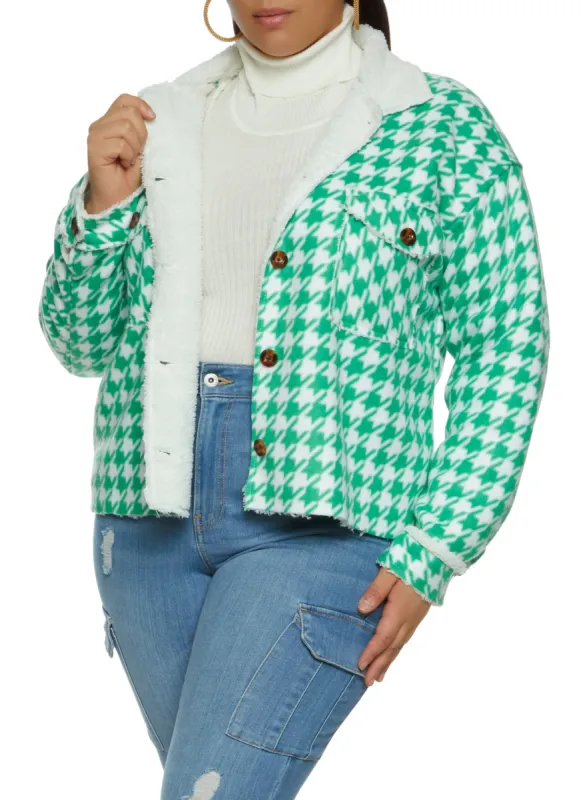 Plus Size Houndstooth Print Sherpa Lined Jacket sold by Rainbow