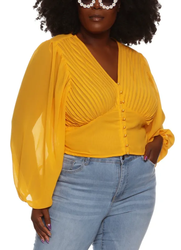 Plus Size Pleated Button Front Blouse sold by Rainbow