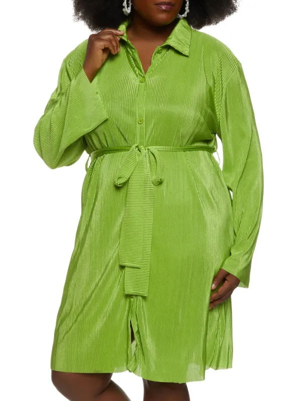 Plus Size Plisse Belted Shirt Dress sold by Rainbow