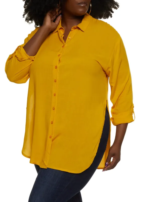 Plus Size Solid Button Front Tunic Shirt sold by Rainbow
