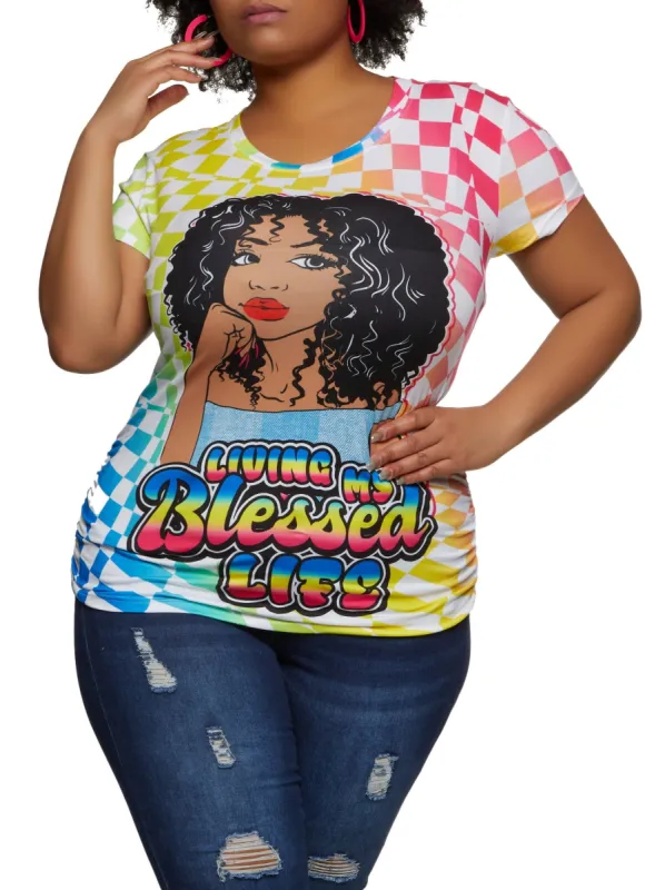 Plus Size Checkered Living My Blessed Life Graphic Tee sold by Rainbow