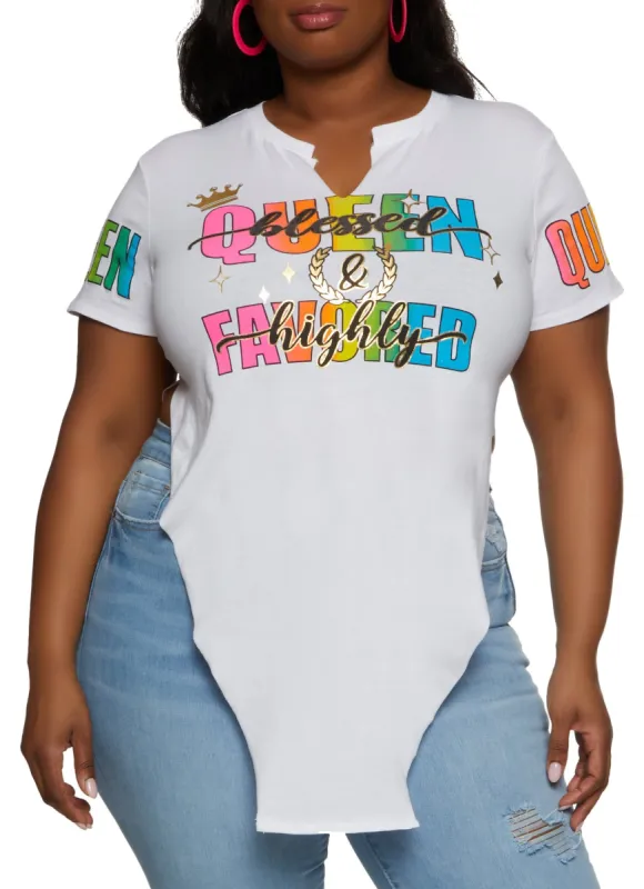 Plus Size Blessed Queen and Highly Favored Foil Graphic Tee sold by Rainbow