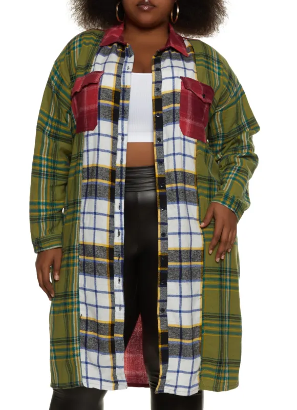 Plus Size Color Block Plaid Long Flannel Shirt sold by Rainbow