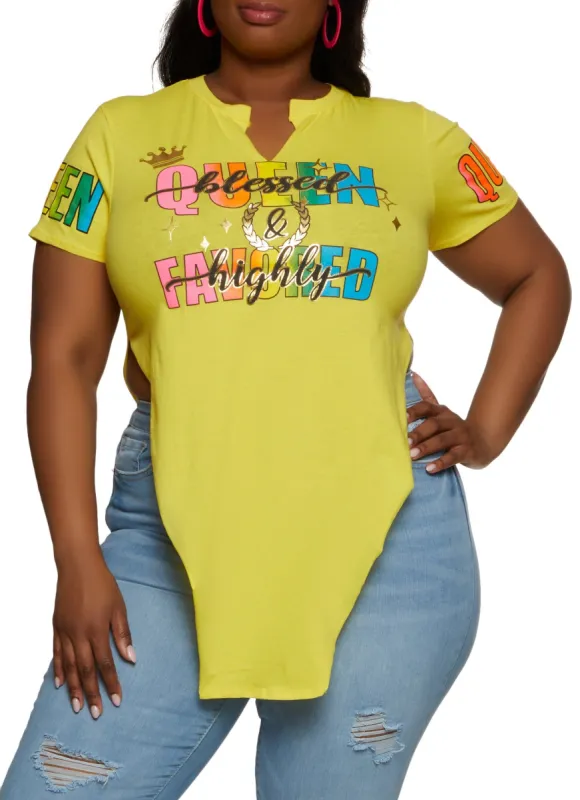 Plus Size Blessed Queen and Highly Favored Foil Graphic Tee sold by Rainbow