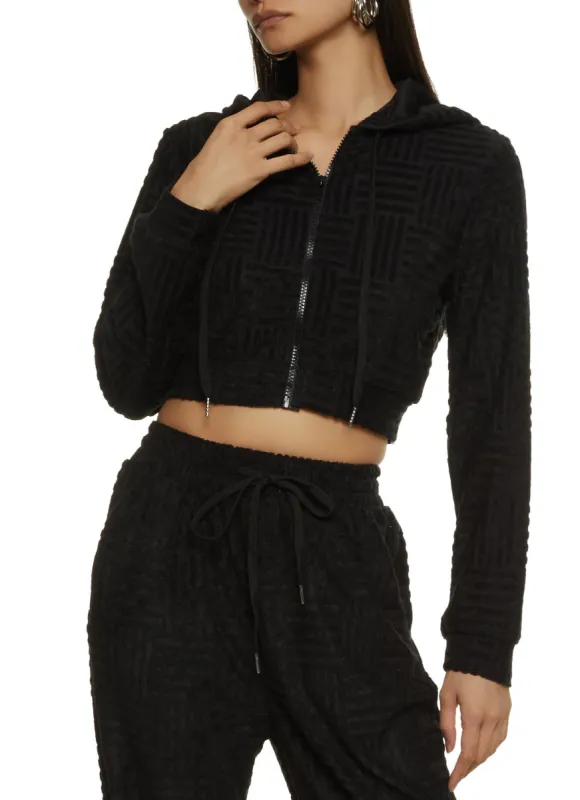 Chenille Zip Front Cropped Hooded Sweatshirt sold by Rainbow