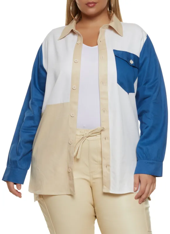 Plus Size Color Block Button Front Shirt sold by Rainbow