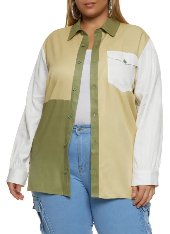 Plus Size Color Block Button Front Shirt sold by Rainbow