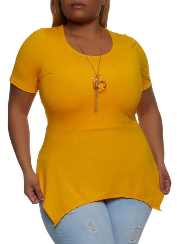 Plus Size Scoop Neck Sharkbite Hem Top with Necklace sold by Rainbow