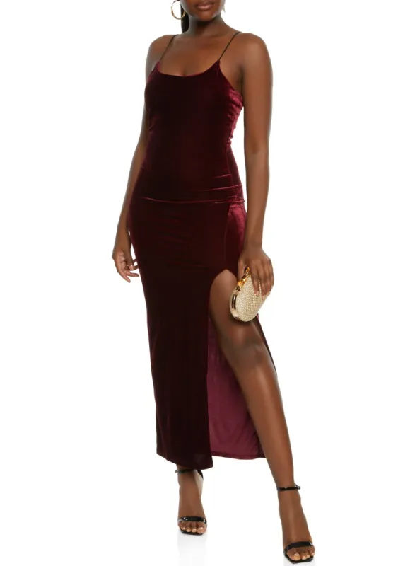 Velvet Scoop Neck Side Slit Maxi Dress sold by Rainbow
