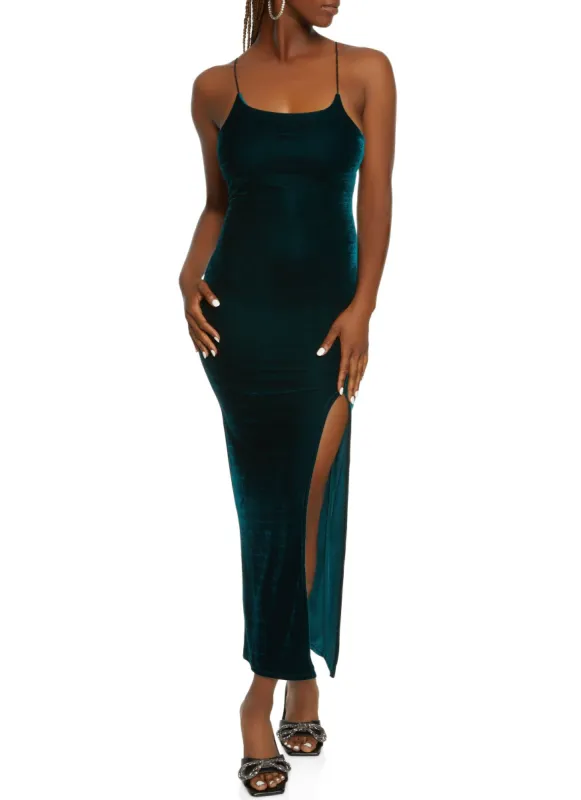 Velvet Scoop Neck Side Slit Maxi Dress sold by Rainbow