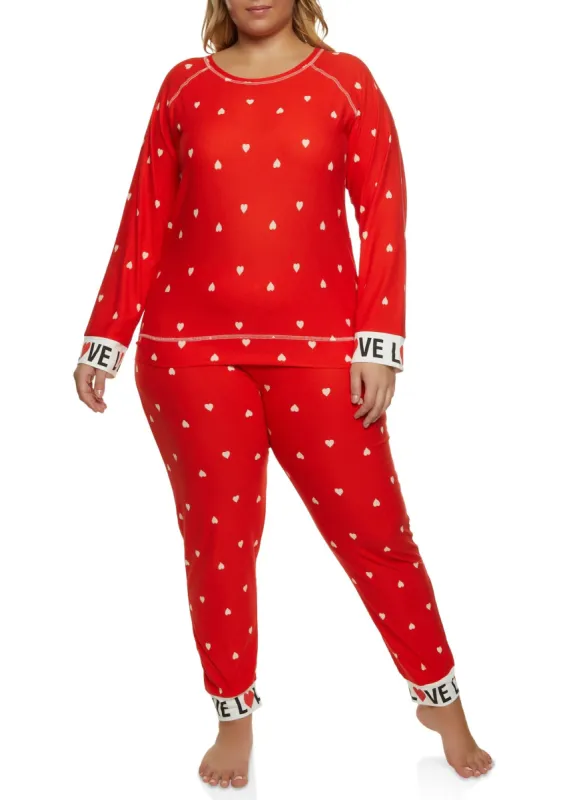 Plus Size Heart Print Graphic Cuff Pajama Top and Pants sold by Rainbow