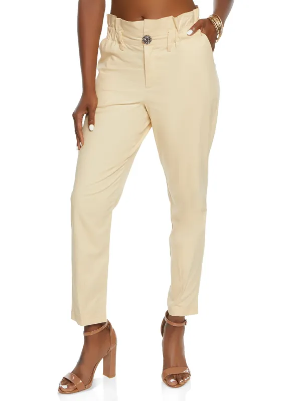 Rhinestone Button Detail Paper Bag Waist Pants sold by Rainbow
