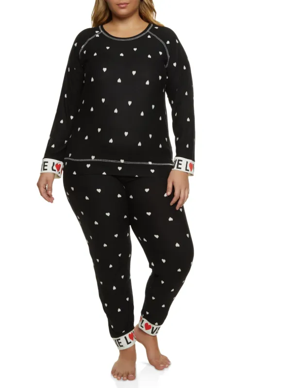 Plus Size Heart Print Graphic Cuff Pajama Top and Pants sold by Rainbow