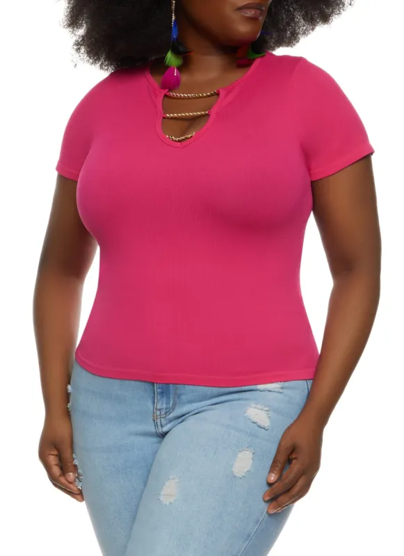 Plus Size Ribbed Chain Caged V Neck Tee sold by Rainbow