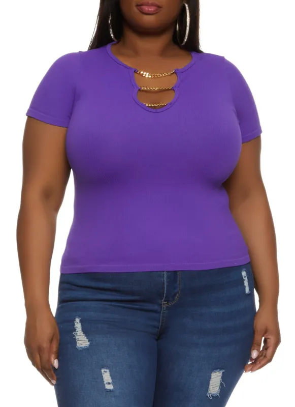 Plus Size Ribbed Chain Caged V Neck Tee sold by Rainbow