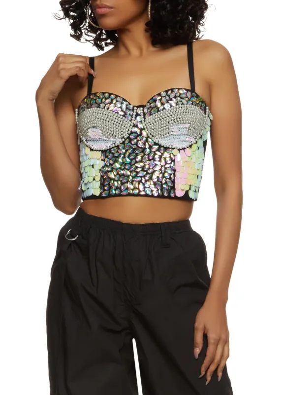 Gem Rhinestone Faux Pearl Studded Bustier Top sold by Rainbow