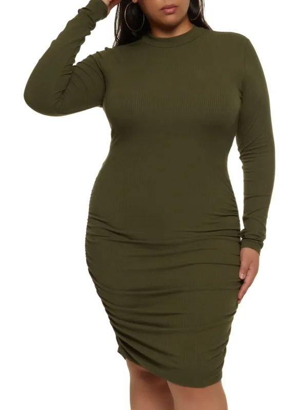 Plus Size Ribbed Mock Neck Ruched Side Dress sold by Rainbow