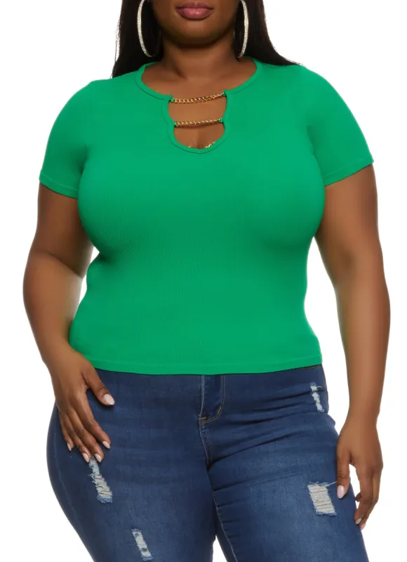 Plus Size Ribbed Chain Caged V Neck Tee sold by Rainbow