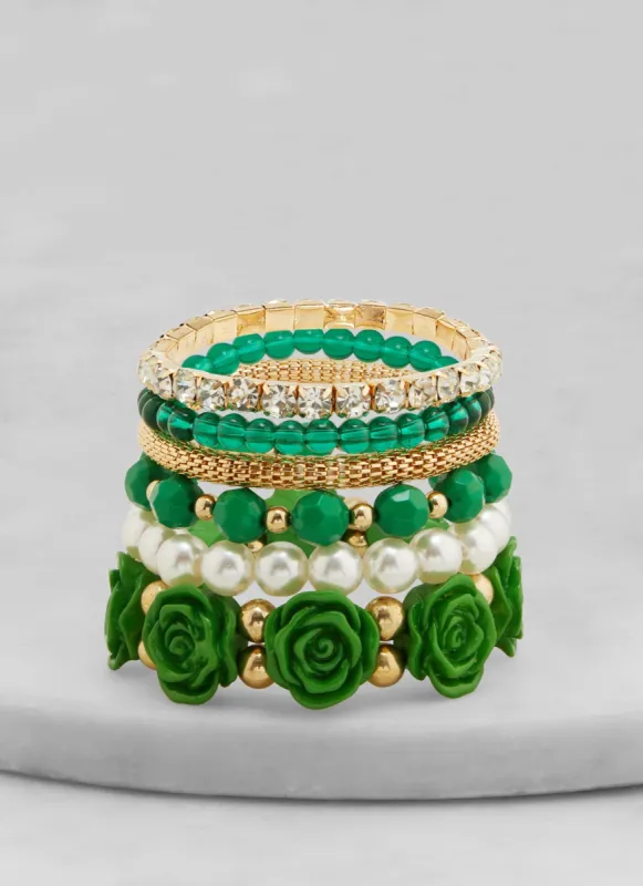 Set of 6 Assorted Rose Beaded Stretch Bracelets sold by Rainbow