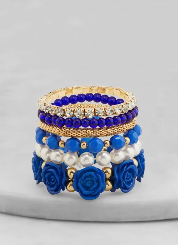 Set of 6 Assorted Rose Beaded Stretch Bracelets sold by Rainbow