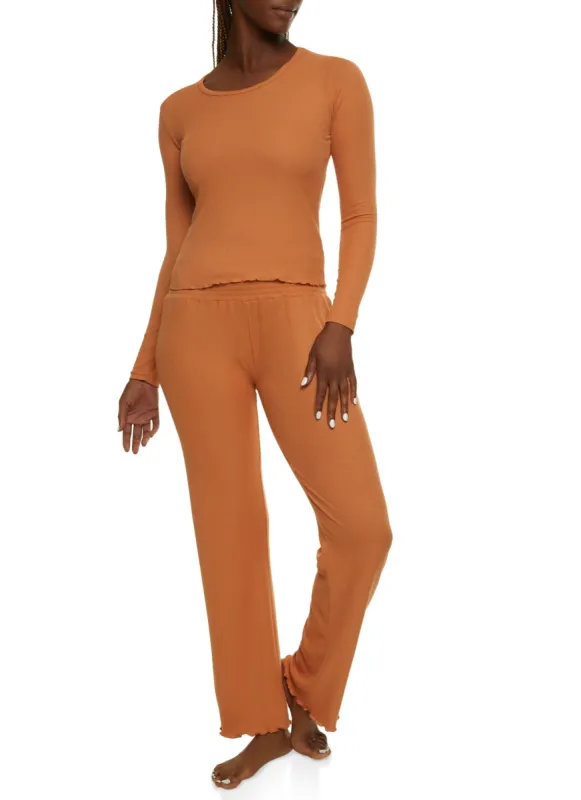 Solid Ribbed Knit Lettuce Edge Pajama Top and Pants sold by Rainbow
