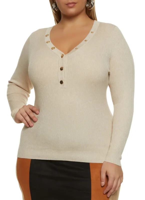 Plus Size Snap Button Ribbed Knit Sweater sold by Rainbow