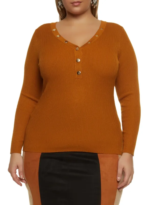 Plus Size Snap Button Ribbed Knit Sweater sold by Rainbow
