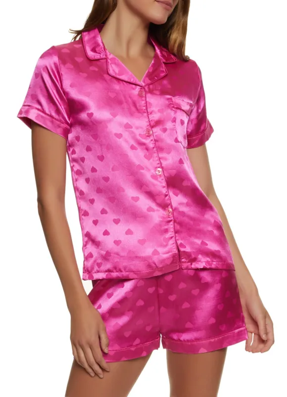 Satin Heart Print Notch Collar Pajama Shirt and Shorts sold by Rainbow