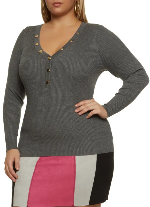 Plus Size Snap Button Ribbed Knit Sweater sold by Rainbow