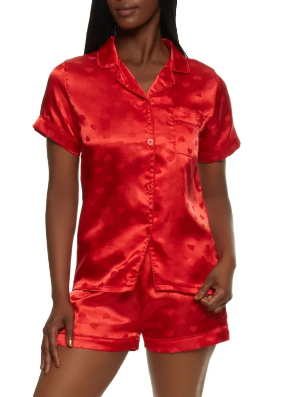 Satin Heart Print Notch Collar Pajama Shirt and Shorts sold by Rainbow