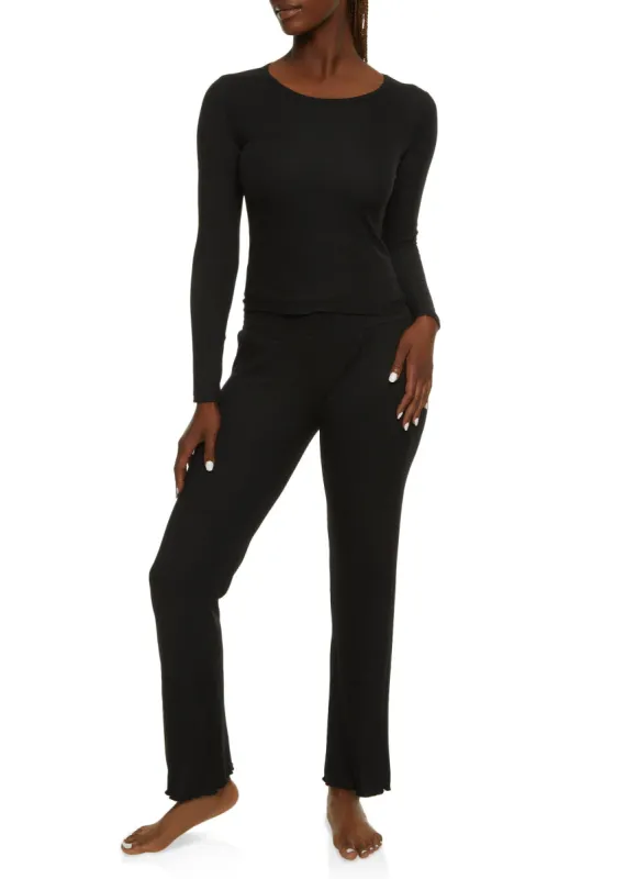 Solid Ribbed Knit Lettuce Edge Pajama Top and Pants sold by Rainbow