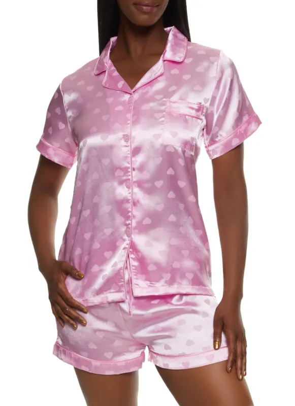 Satin Heart Print Notch Collar Pajama Shirt and Shorts sold by Rainbow