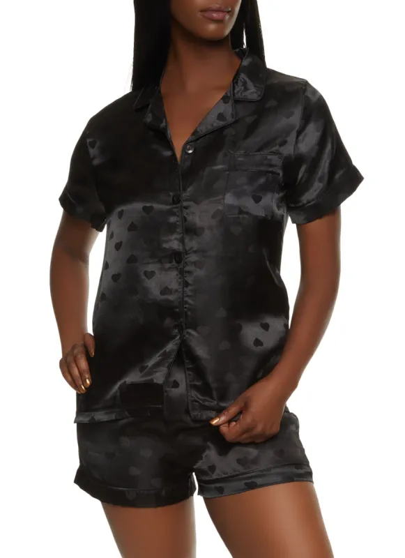 Satin Heart Print Notch Collar Pajama Shirt and Shorts sold by Rainbow