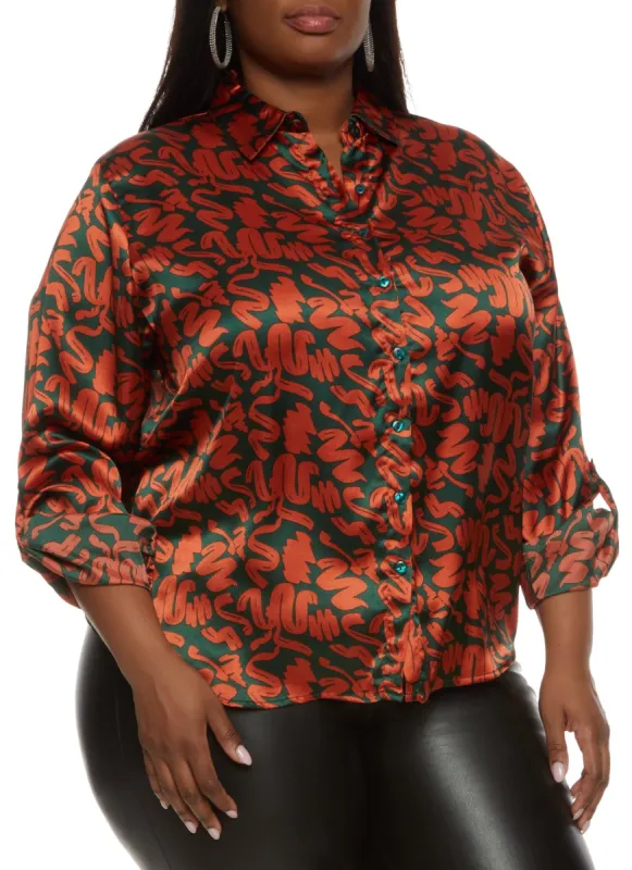 Plus Size Satin Printed Button Front Shirt sold by Rainbow