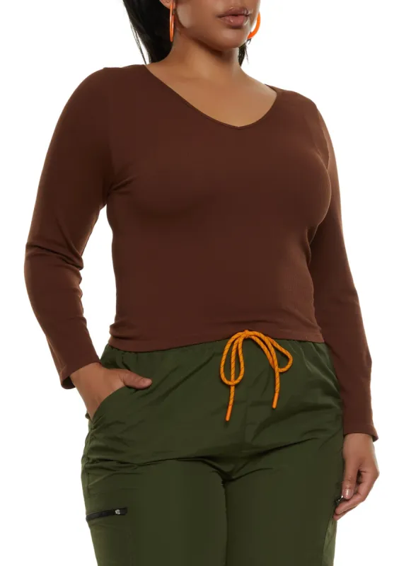 Plus Size Seamless Long Sleeve V Neck Tee sold by Rainbow
