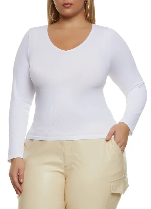 Plus Size Seamless Long Sleeve V Neck Tee sold by Rainbow