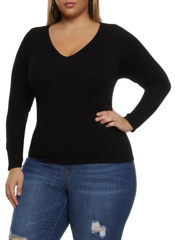 Plus Size Seamless Long Sleeve V Neck Tee sold by Rainbow