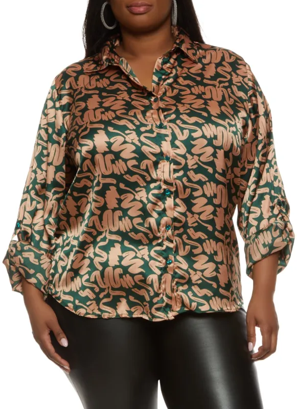 Plus Size Satin Printed Button Front Shirt sold by Rainbow