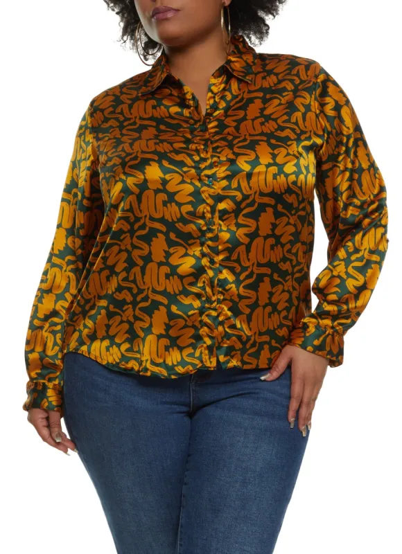 Plus Size Satin Printed Button Front Shirt sold by Rainbow