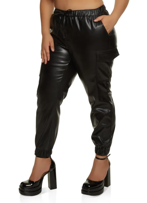 Plus Size Faux Leather Cargo Joggers sold by Rainbow